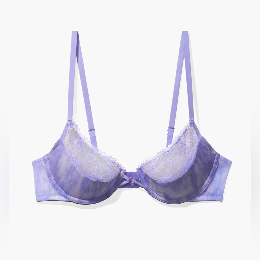 NWT Printed Lace and Stretch Woven Plunge Bra, Purple Rain Tie Dye Print